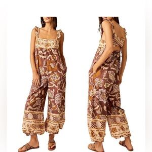 Free People Bali Albright Floral Cotton JUMPSUIT Size L Brown Coffee Combo NWT